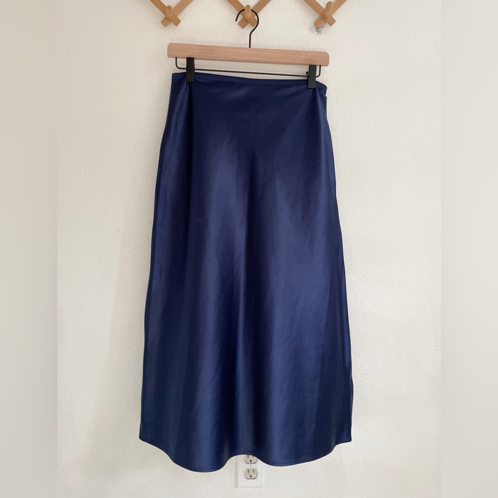 Lioness Satin Bias Midi Skirt in Navy Blue
